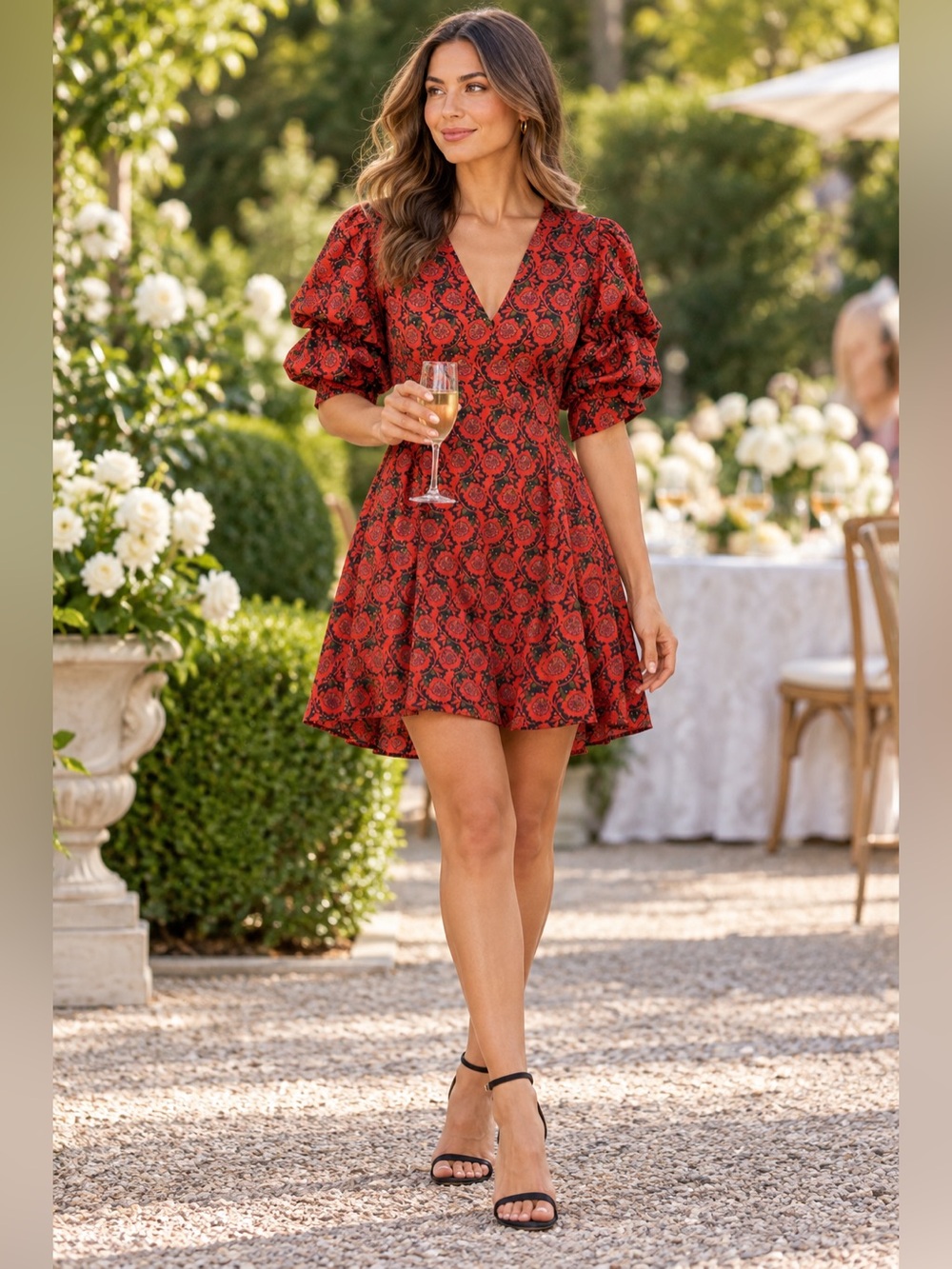 1. STATE Studio Red Folklore Floral V-Neck Puff Sleeve Dress L